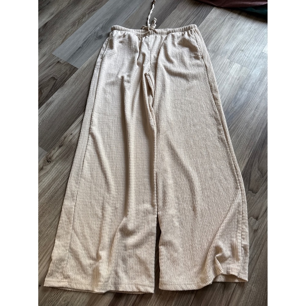 Shosho Womens Cream Plisse Wide Leg Pants Drawstring Pockets Large